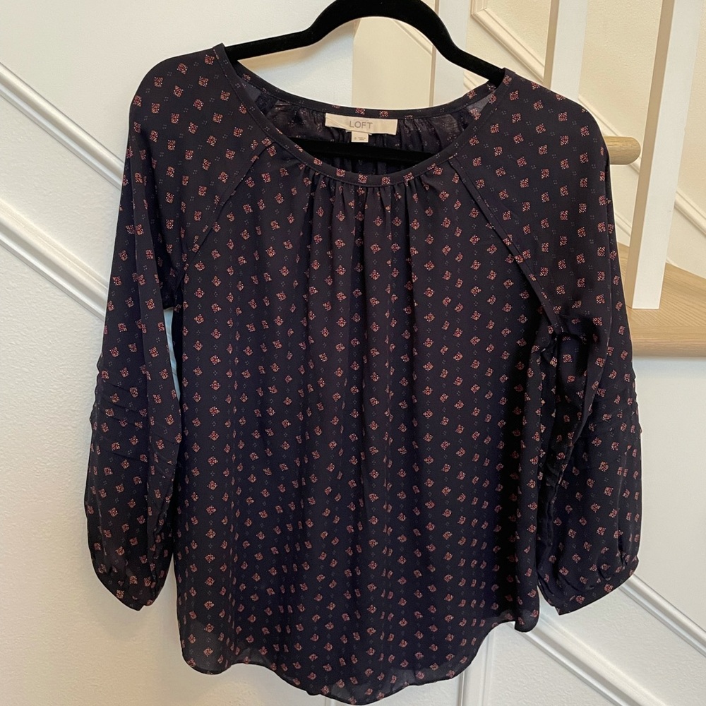 Loft navy blue print long sleeve top